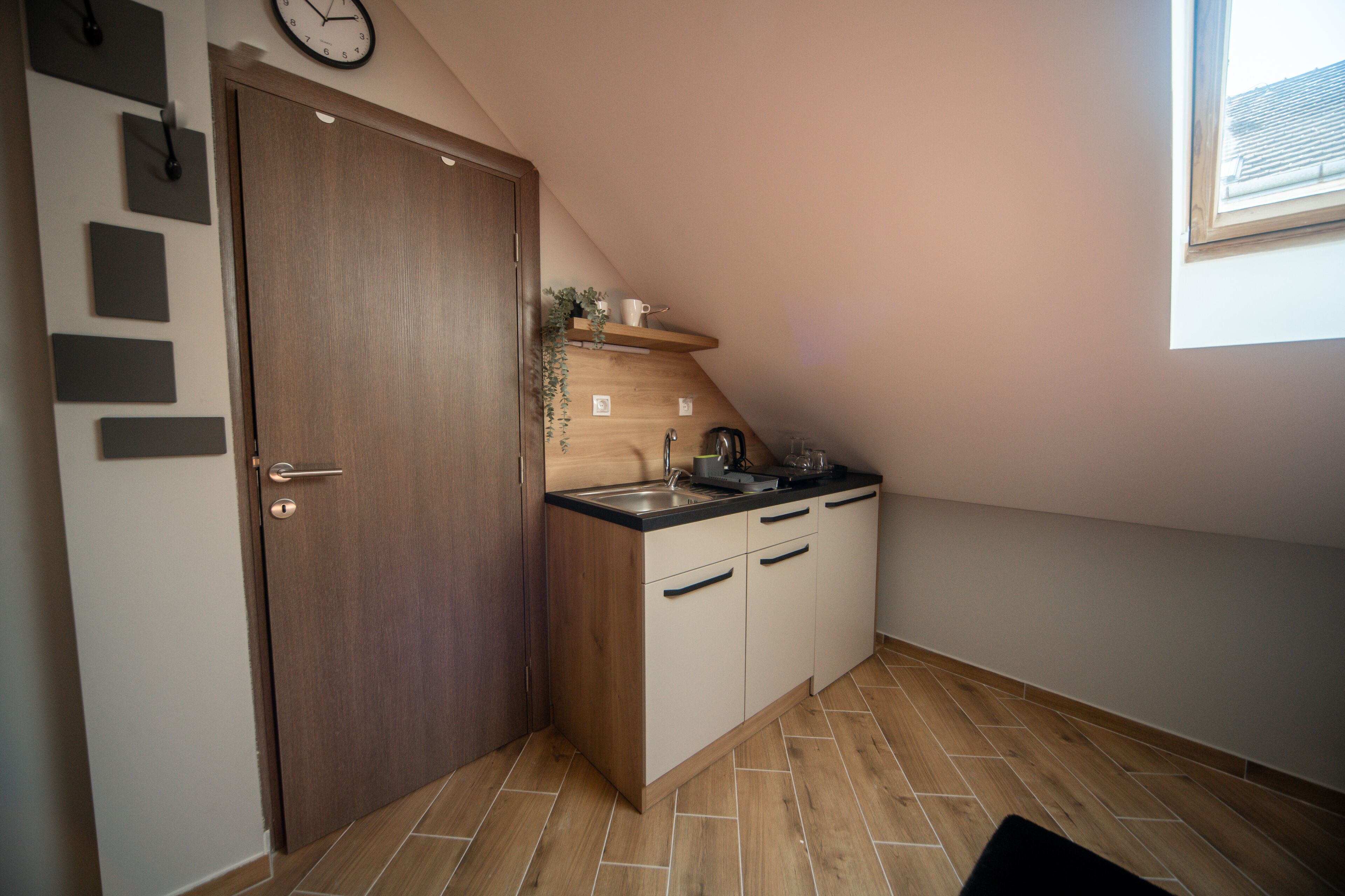 A compact kitchen with a wooden door, a sink, and a countertop.