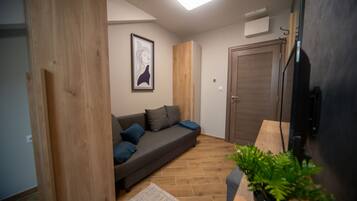 A modern living room with a sofa, a wooden door, a framed artwork, and a potted plant.