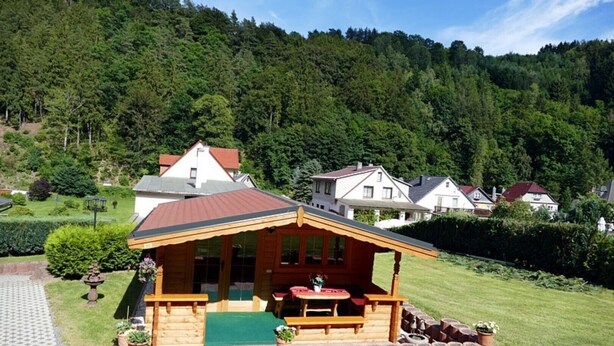A wooden cabin with a porch, surrounded by a well-maintained lawn and a forested hillside. - 4-star vacation apartment "Sorbitztal" incl. guest card Schwarzatal (Rohrbach)