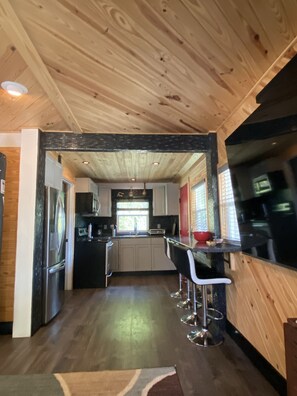 Frigorífico, microondas, horno y placa de cocina