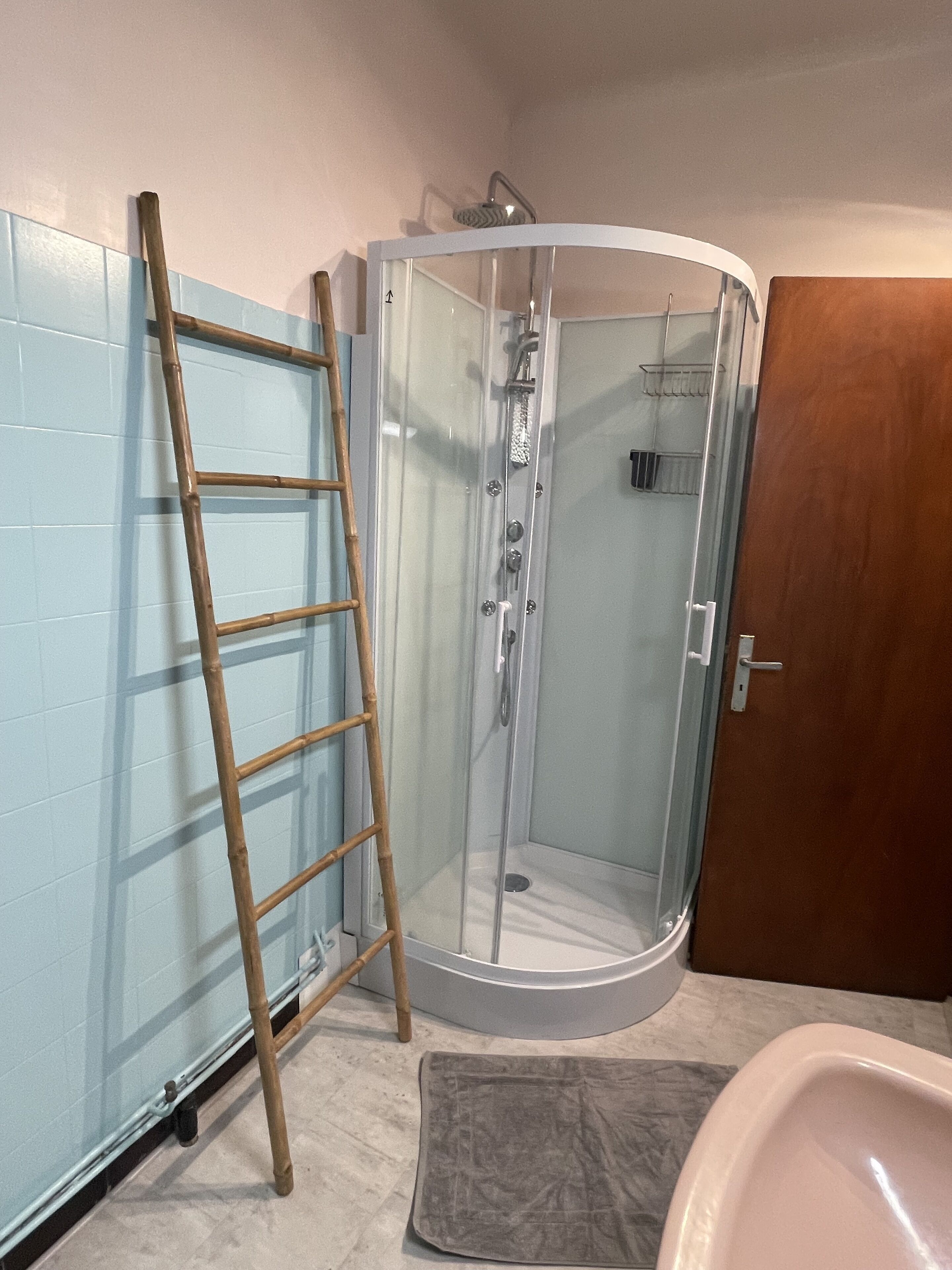 Een badkamer met een douchecabine van glas, een houten ladder en een witte badkuip.