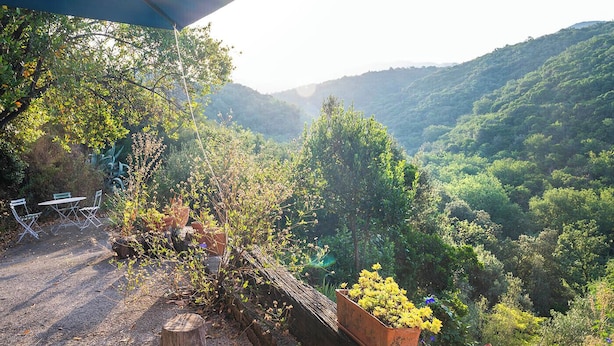 Un espace extérieur aménagé dans un style rustique, avec une table et des chaises, entouré d’une végétation luxuriante et dominé par un paysage montagneux.