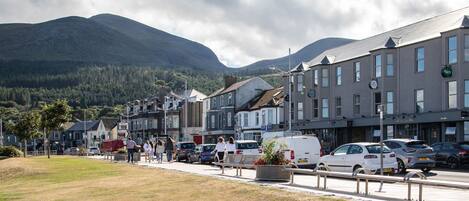 A street with buildings, a grassy area, and a mountain in the background.