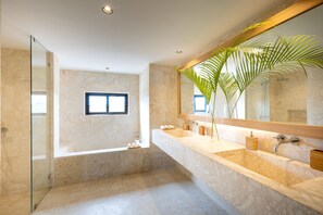 Bathtub, hair dryer, towels, soap