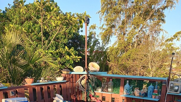 Ein Whirlpool mit Holzterrasse, umgeben von Topfpflanzen und Gartenmöbeln.