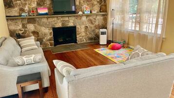 Smart TV, fireplace, books, computer monitors