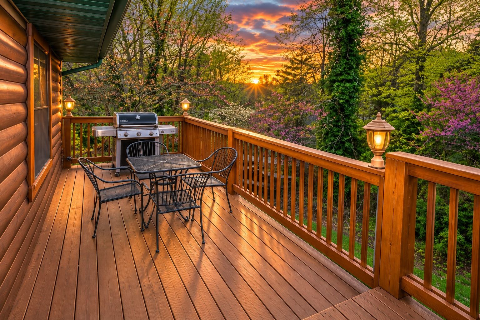 Een houten terras met een barbecue en tafel, omgeven door een balustrade en bomen.
