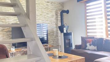 TV, fireplace, DVD player, books