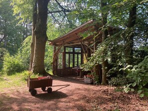Une construction rustique en bois, dotée d’une grande fenêtre et entourée d’un feuillage dense.