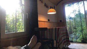 A cozy room with a large window, a wooden ceiling, and a view of the forest. - Construction trailer - in the middle of nature (Kleve)