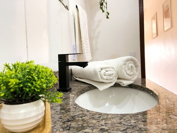Une salle de bain avec un comptoir en granit, un lavabo blanc, un porte-serviettes noir et une plante en pot.