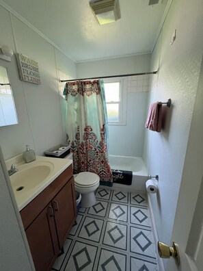 Bañera con ducha, secador de pelo, toallas, jabón