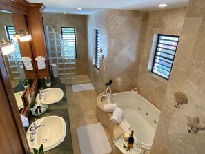 Bathtub, jetted bath, hair dryer, towels