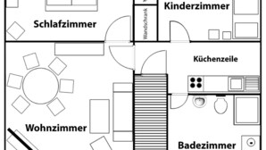 A floor plan of a hotel with labeled rooms including a living room, bedroom, bathroom, kitchen, children's room, and a dining area. - Haus Sleeboom - mit 53 qm in Ruhiger Lage Gelegen (Borkum)