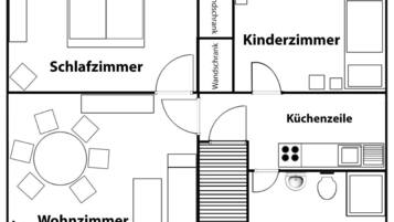 Grundriss eines Hotels mit beschrifteten Räumen, darunter ein Wohnzimmer, Schlafzimmer, Badezimmer, Küche, Kinderzimmer und ein Essbereich.
