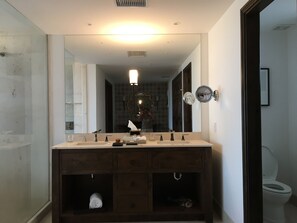 Combined shower/tub, hair dryer, towels, soap