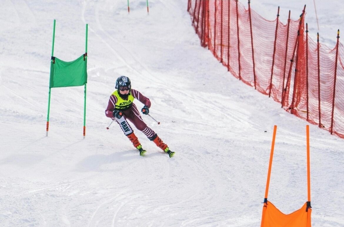 A skier on a snowy slope with flags and a safety net.