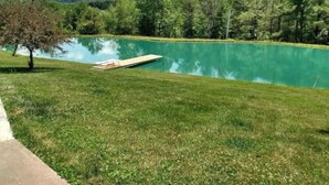 A serene lake with a dock, surrounded by lush greenery and hills. - Located in the Finger Lakes a cabin in the country w/ trails & fishing 
 (Cohocton)