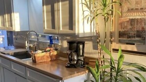 Une cuisine avec des meubles blancs, un évier, une machine à café, une plante en pot et un tableau encadré au mur.