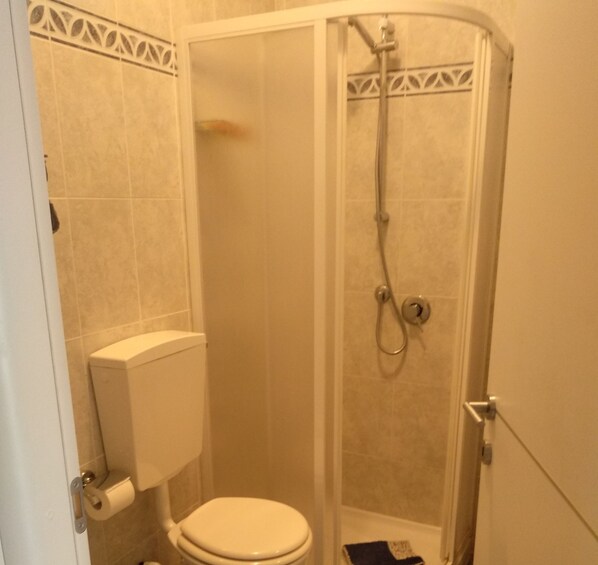 Douche, séchoir à cheveux, serviettes fournies, savon