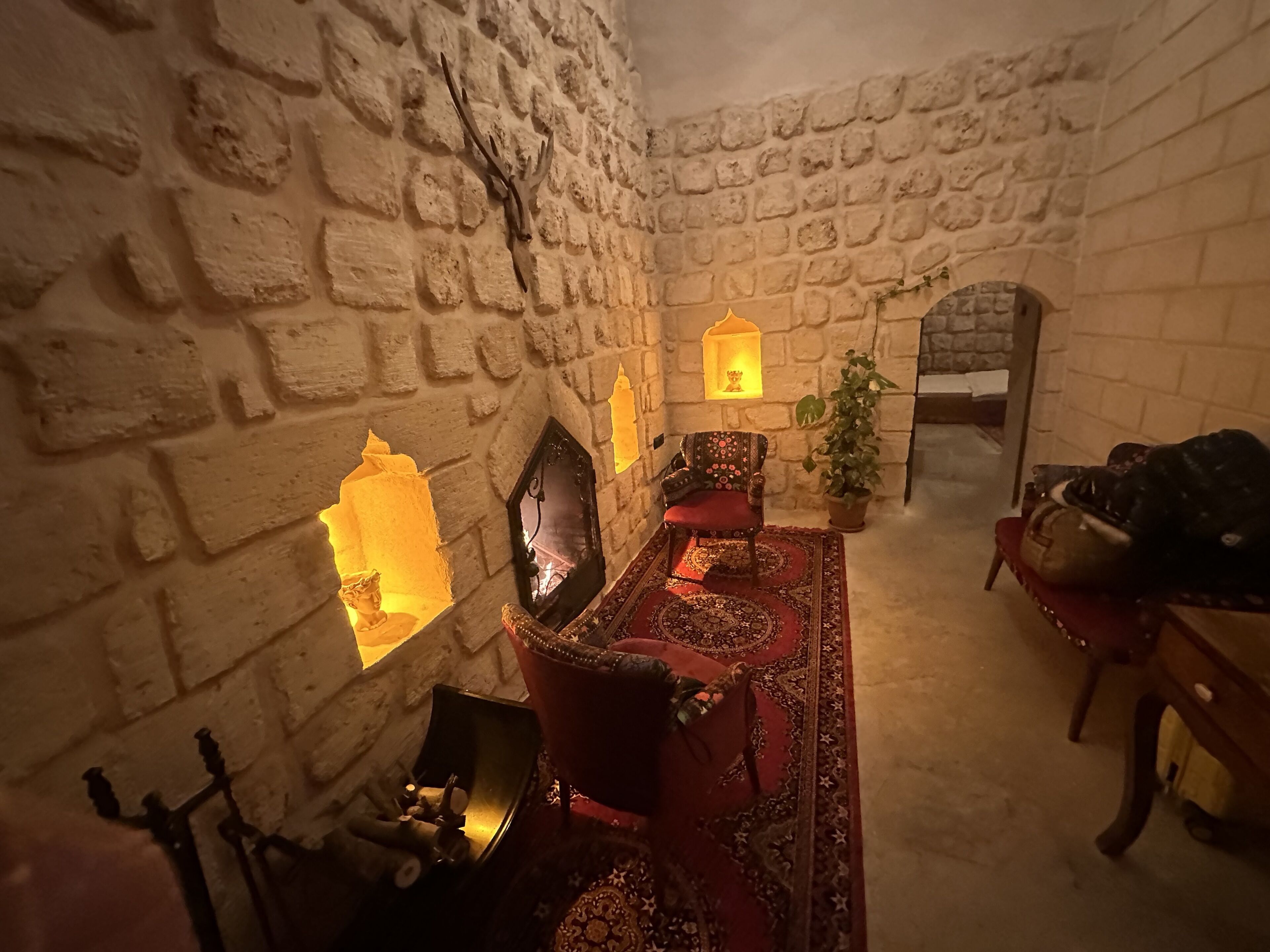 Une pièce chaleureuse avec des murs en pierre, un canapé rouge, un tapis à motifs et une petite table sur laquelle est posée une plante.