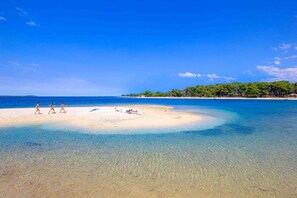 Ein Strand mit klarem, flachem Wasser, einem sandigen Ufer und einer bewaldeten Insel im Hintergrund.