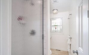 Chuveiro, secador de cabelo, toalhas de banho, sabonete