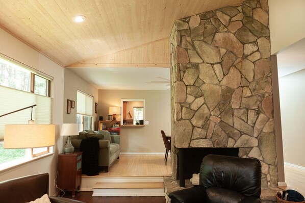 Smart TV, chimenea, libros y estéreo 