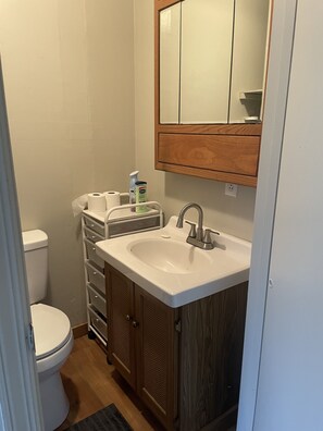 Douche, sĂšche-cheveux, savon, papier toilette