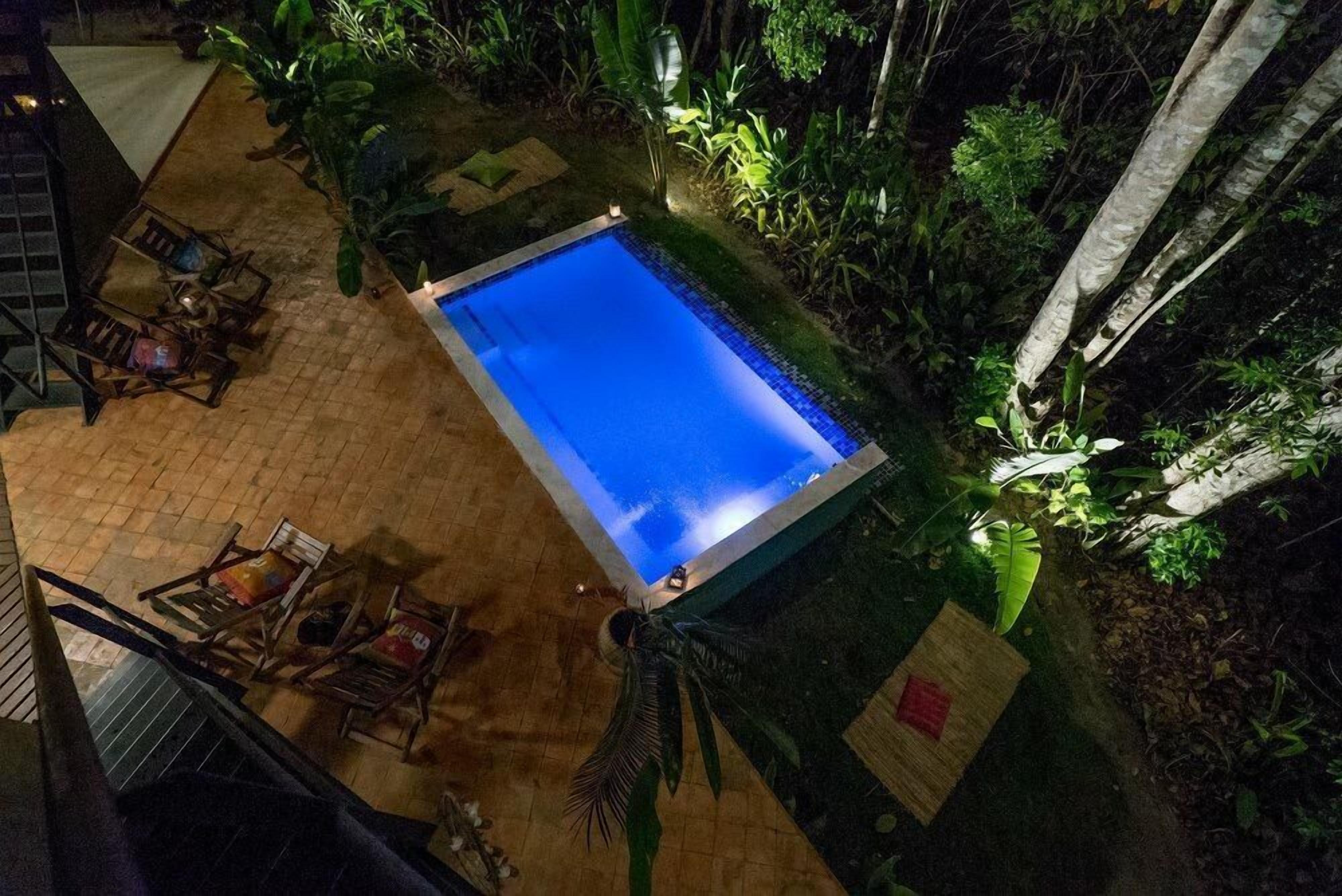 Ein Pool auf dem Dach, umgeben von üppiger Vegetation, mit einigen Liegestühlen und einem kleinen Tisch.
