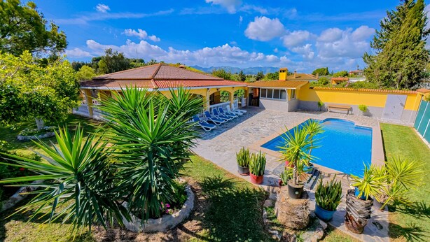 A pool area with a tiled deck, lounge chairs, and a small pool.