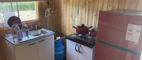 Fridge, oven, electric kettle, cookware/dishes/utensils