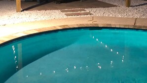 A backyard with a pool, two chairs, a barbecue grill, and a wooden pergola with string lights. - Welcome to the Sunshine Shack in Corpus Christi! (Corpus Christi)