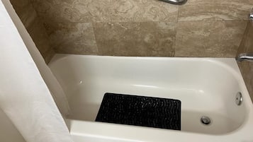 Combined shower/tub, hair dryer, towels, soap