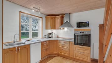 Fridge, stovetop, dishwasher, coffee/tea maker