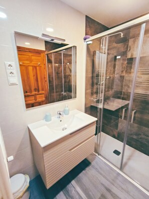 Bathtub, hair dryer, bidet, towels