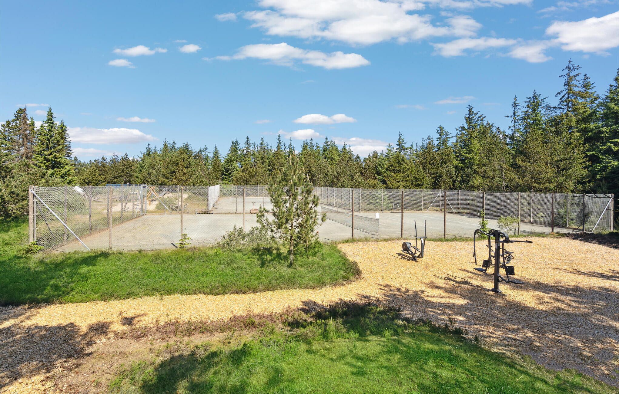Un espace extérieur clos, équipé d’appareils de musculation, entouré d’arbres et offrant une vue sur un ciel dégagé.