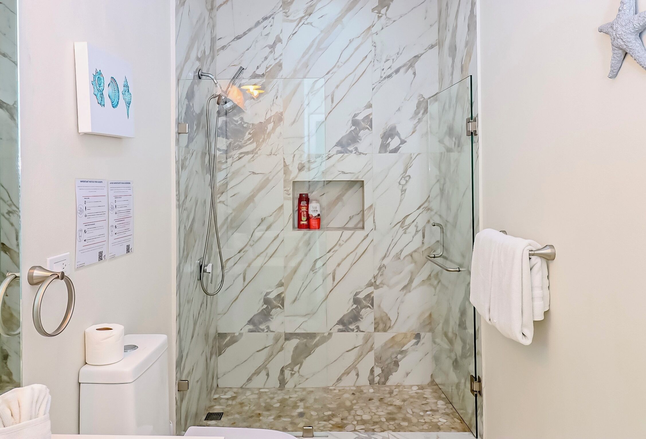 Een douche met glazen deuren, een marmeren wand, een zeester decoratie, een handdoekhouder en een toilet met een rol toiletpapier.