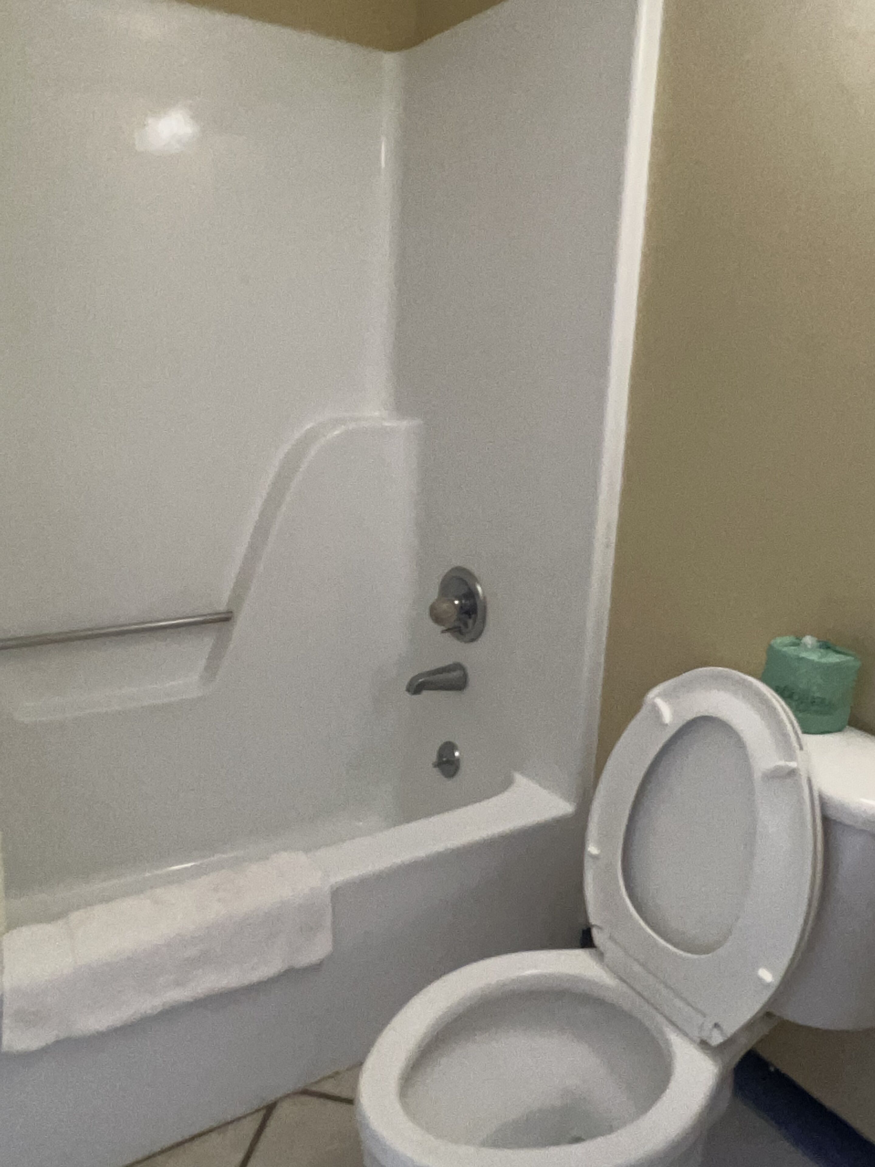 Un baño con bañera, inodoro y un cubo de basura verde.