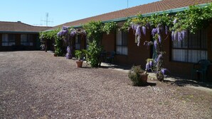A building with a gravel courtyard, potted plants, and hanging purple flowers. - Birch Motel Tocumwal (Tocumwal)