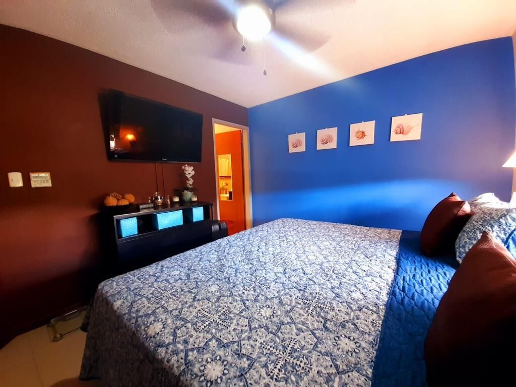 Ein Schlafzimmer mit Bett, einem flachbildfernseher an der Wand und einem Deckenventilator.