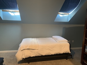 Cozy retreat with a single bed, sloped ceiling, and skylights.