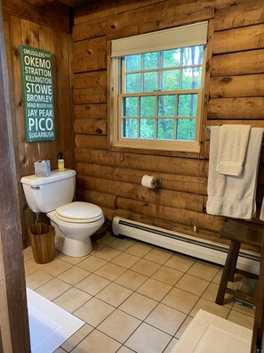 Combined shower/bathtub, jetted bath, hair dryer, towels