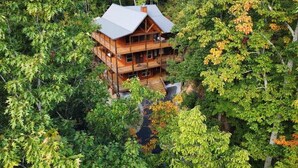 A multi-story wooden cabin surrounded by dense forest.