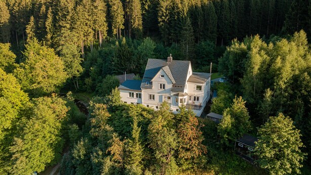 Una casa grande de dos pisos rodeada por un bosque denso.