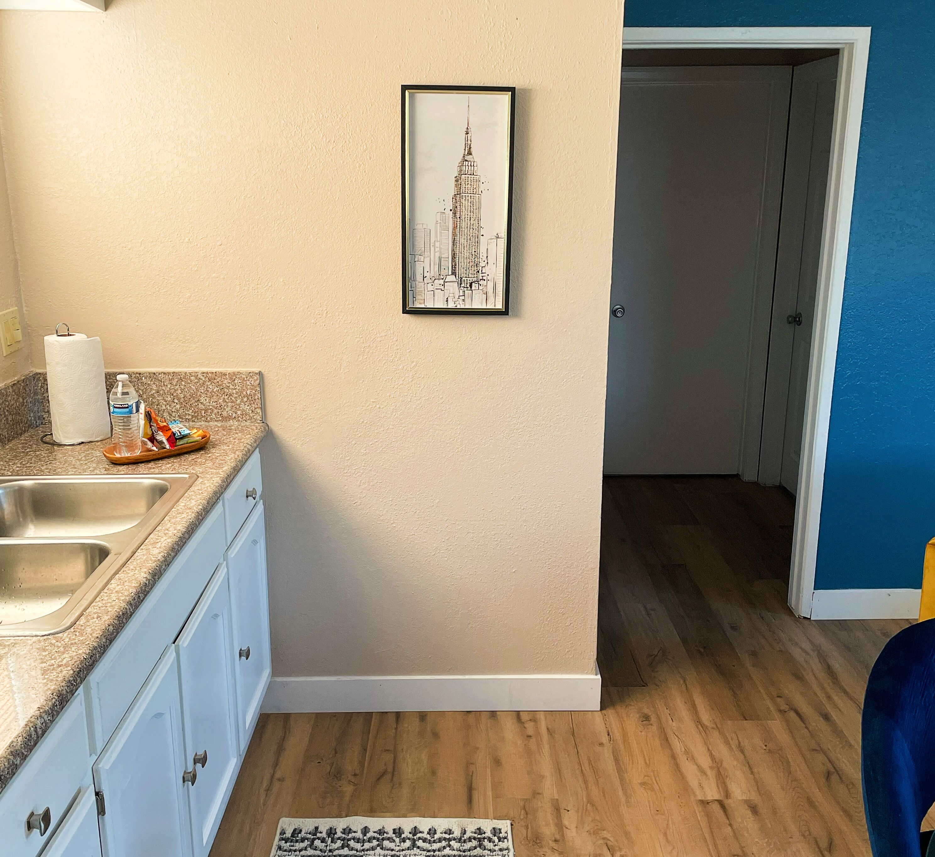A kitchen with a sink, countertop, and cabinets. There is a framed picture on the wall and a rug on the floor.