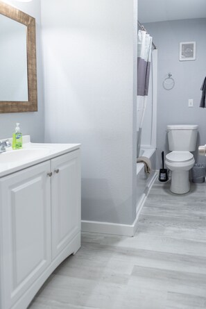 Een bad/douchecombinatie, een haardroger, zeep, toiletpapier