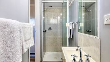 A bathroom with a glass shower enclosure, a white sink, and a mirror.