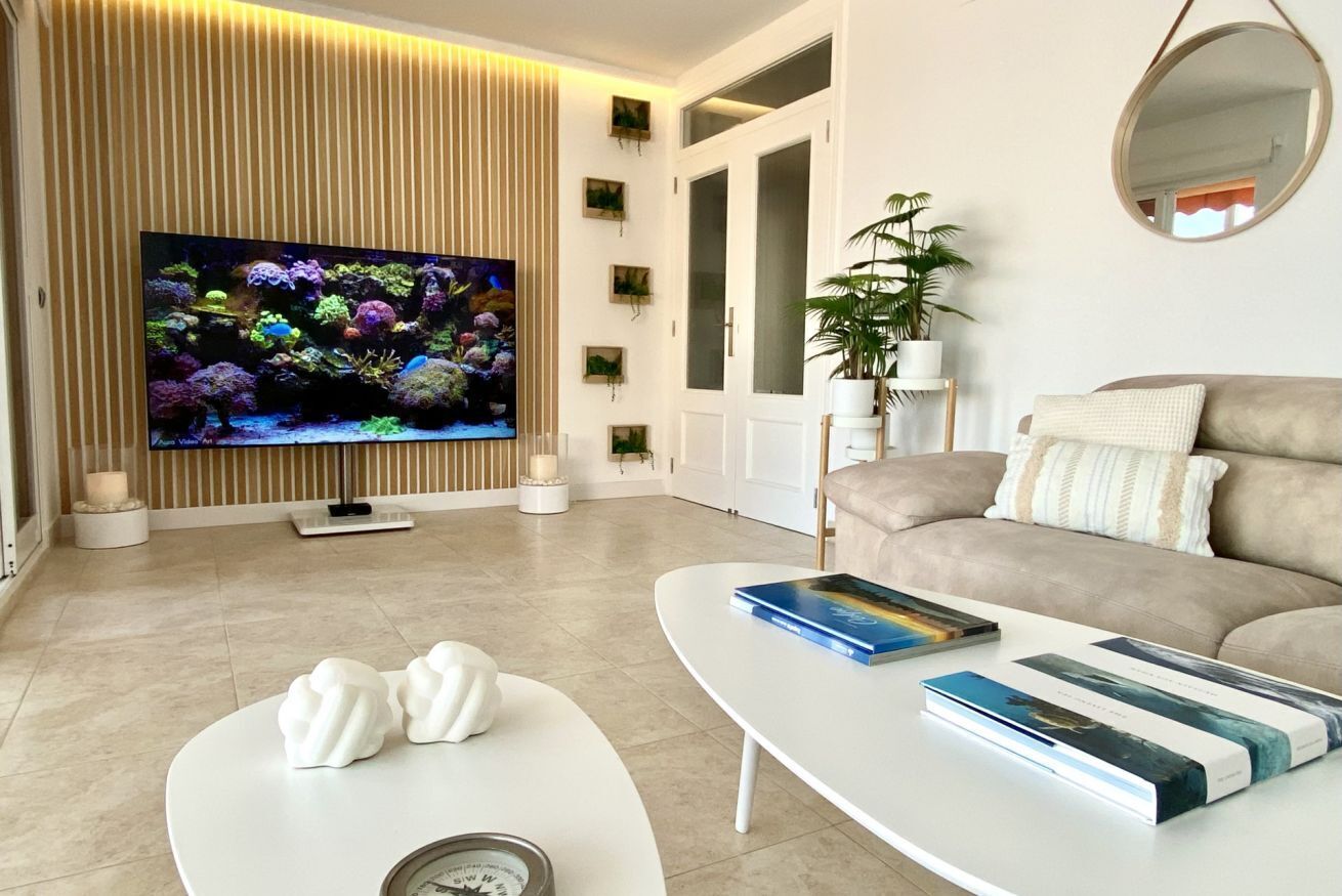 Una televisión, una chimenea