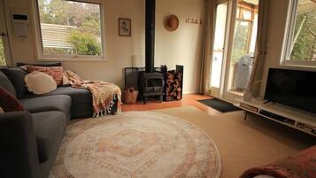 TV connectée, cheminée, livres